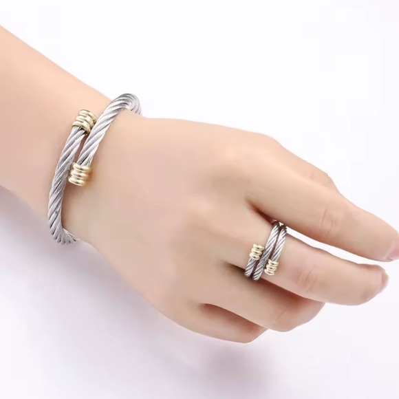 🌟 Bangle Bracelet Ring Set Staiy Steel No Fade Color - Picture 2 of 3